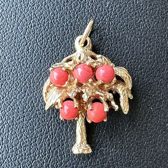 Pomegranate Tree Pendant Charm 14k‎ Yellow Gold Coral Cabochons Israel 4.1 Grams - Picture 1 of 7